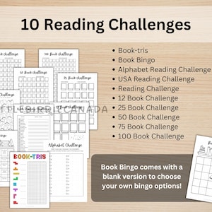 K&ouml;nnte beinhalten: Zehn druckbare Lese-Challenge-Tracker, darunter eine Buch-Bingo-Karte, eine Alphabet-Lese-Challenge und eine 100-Buch-Challenge. Buch-Bingo wird mit einer leeren Version geliefert, damit du deine eigenen Bingo-Optionen ausw&auml;hlen kannst.