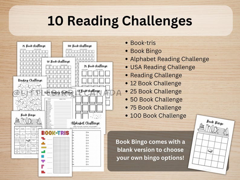 K&ouml;nnte beinhalten: Zehn druckbare Lese-Challenge-Tracker, darunter eine Buch-Bingo-Karte, eine Alphabet-Lese-Challenge und eine 100-Buch-Challenge. Buch-Bingo wird mit einer leeren Version geliefert, damit du deine eigenen Bingo-Optionen ausw&auml;hlen kannst.