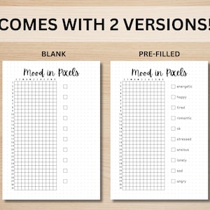 May include: Two versions of a printable mood tracker. The first version is blank, while the second version has a list of moods to choose from, including energetic, happy, tired, romantic, ok, stressed, anxious, lonely, sad, and angry. Both versions feature a grid with 30 columns and 28 rows.