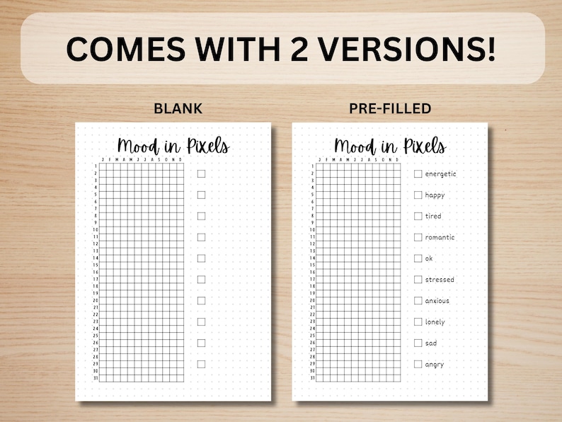 May include: Two versions of a printable mood tracker. The first version is blank, while the second version has a list of moods to choose from, including energetic, happy, tired, romantic, ok, stressed, anxious, lonely, sad, and angry. Both versions feature a grid with 30 columns and 28 rows.