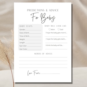 Minimalistische kaart babyvoorspelling Babyshowerspel Advies en wensen voor aanstaande ouders Babyvoorspelling en advies Babyshoweradvies voor ouder