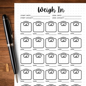 May include: Black and white printable weight tracker with a dotted background. The tracker has a section for start date, start weight, goal date, and goal weight. There are 20 weight scale icons with lines for recording dates and weights.