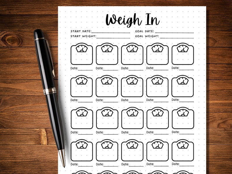 May include: Black and white printable weight tracker with a dotted background. The tracker has a section for start date, start weight, goal date, and goal weight. There are 20 weight scale icons with lines for recording dates and weights.