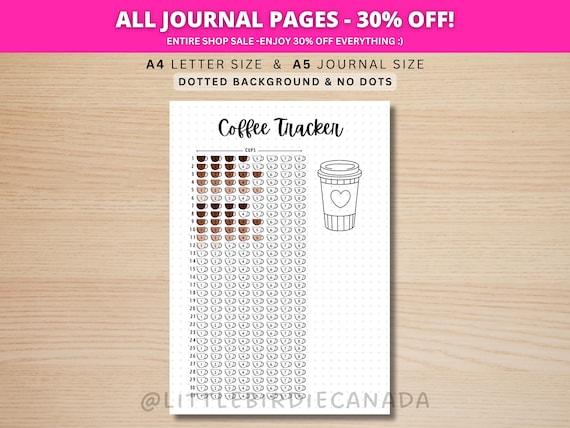 Coffee Tracker - PRINTABLE Journal Page - Planner - Health Tracker - Caffeine Tracker - Track How Many Coffees - Food Tracker - Food Diary