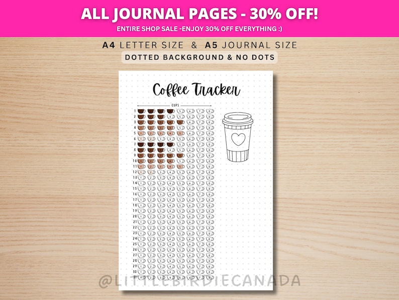Coffee Tracker - PRINTABLE Journal Page - Planner - Health Tracker - Caffeine Tracker - Track How Many Coffees - Food Tracker - Food Diary image 1