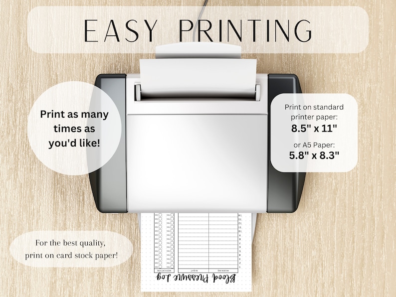Peut inclure: Une imprimante blanche avec une feuille de papier qui en sort. Le papier a une grille et le texte "bop nneend poort". Le texte "EASY PRINTING" est en haut de l'image. Le texte "Print as many times as you'd like!" est &agrave; gauche de l'image. Le texte "Print on standard printer paper: 8.5" x 11" or A5 Paper: 5.8" x 8.3" est &agrave; droite de l'image. Le texte "For the best quality, print on card stock paper!" est en bas de l'image.