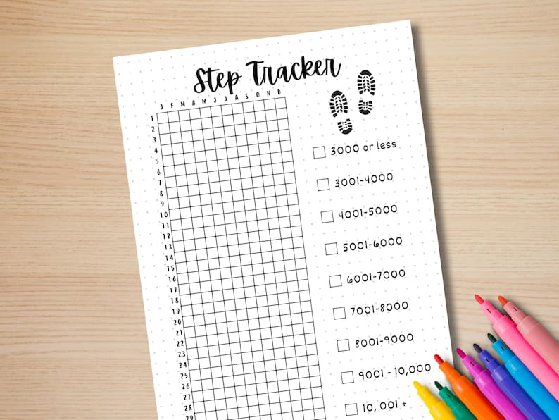 May include: A printable step tracker with a grid for tracking steps taken each day of the month. The tracker includes a range of step goals from 3000 or less to 10,001+.