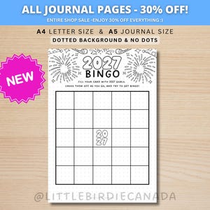 Puede incluir: Una hoja de juego de Bingo 2027 imprimible con una cuadrícula de cinco por cinco, un cuadrado central 2027, ilustraciones de fuegos artificiales y el texto 2027 BINGO, FILL YOUR CARD WITH 2027 GOALS, CROSS THEM OFF AS YOU GO, AND TRY TO GET BINGO.