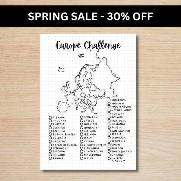 Europe Challenge - A5 Journal Page - PRINTABLE Tracker - European Travel Challenge - Europe Travel Checklist - Map of Europe - Travel Game