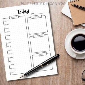 May include: A black and white printable daily planner with sections for schedule, priorities, if I have time, and notes. The planner has a dotted grid background.