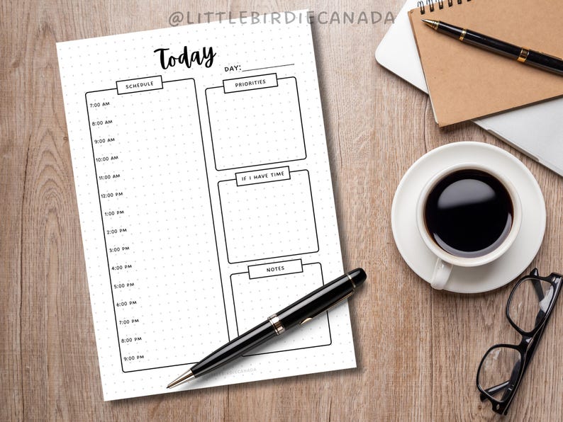 May include: A black and white printable daily planner with sections for schedule, priorities, if I have time, and notes. The planner has a dotted grid background.