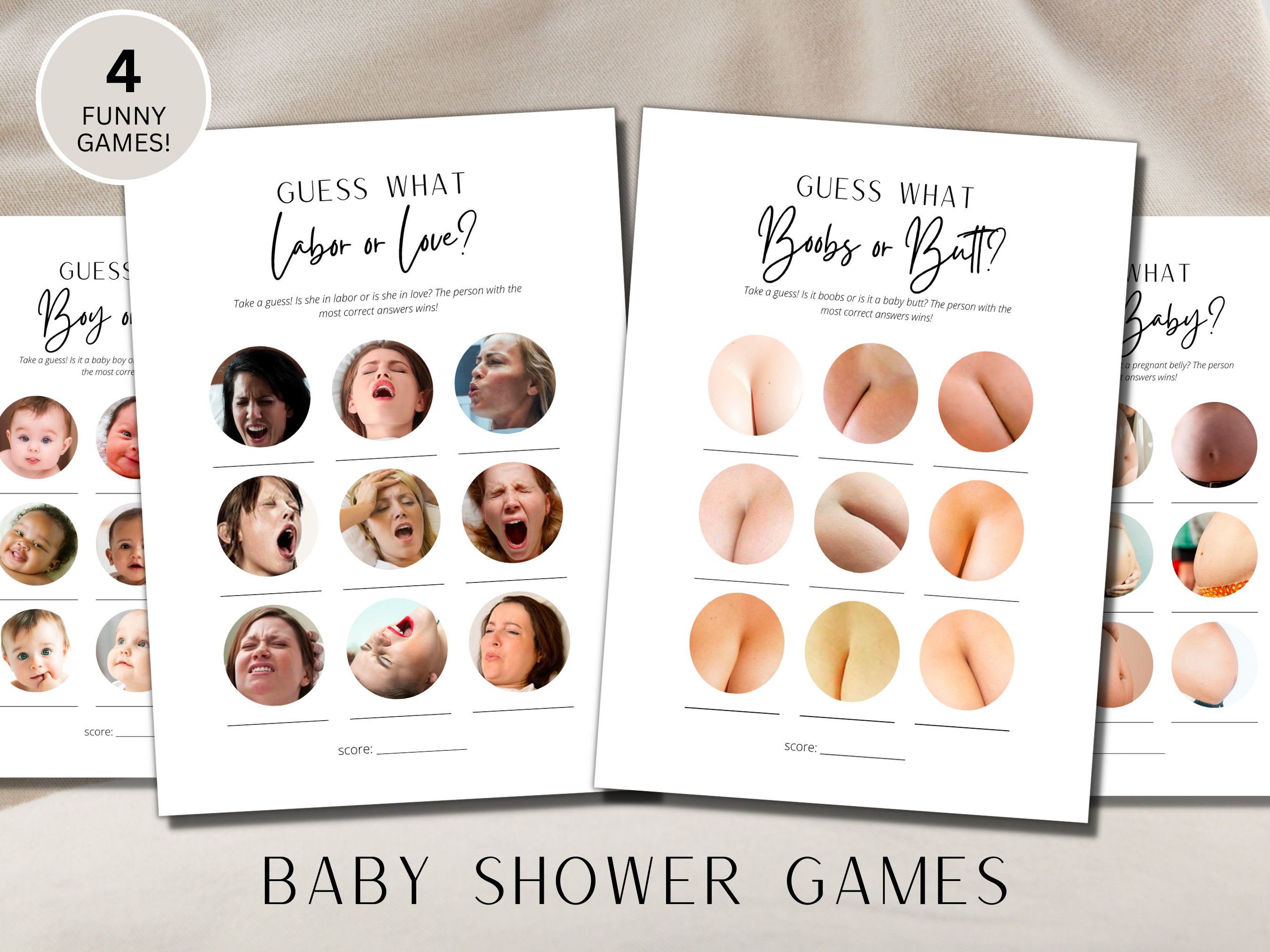 Boobs or Butt Quiz Baby Shower Game Minimalist Theme, Baby Shower