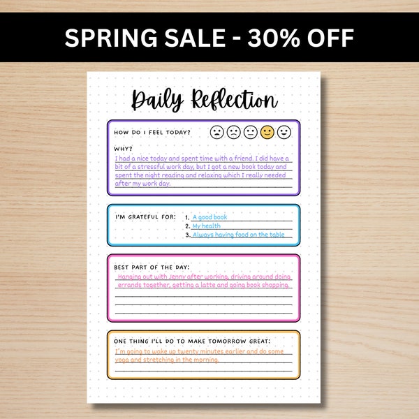 Daily Reflection Journal - PRINTABLE Gratitude Journal - A5 Journal Page - Wellness Journal Page - Mental Health Journal - Daily Journal