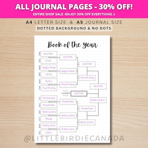 May include: A white journal page with a dotted background features a bracket-style chart titled "Book of the Year." The chart includes book titles and the text "ACOTAR," with the shop's name and sale information at the top.