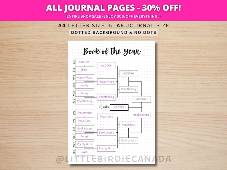 May include: A white journal page with a dotted background features a bracket-style chart titled "Book of the Year." The chart includes book titles and the text "ACOTAR," with the shop's name and sale information at the top.