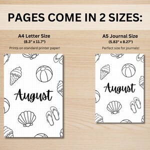 May include: Two printable August calendar pages with a summer theme. The pages feature a black and white illustration of ice cream cones, beach balls, seashells, and flip flops. The pages are available in two sizes: 8.3 inches by 11.7 inches and 5.83 inches by 8.27 inches.