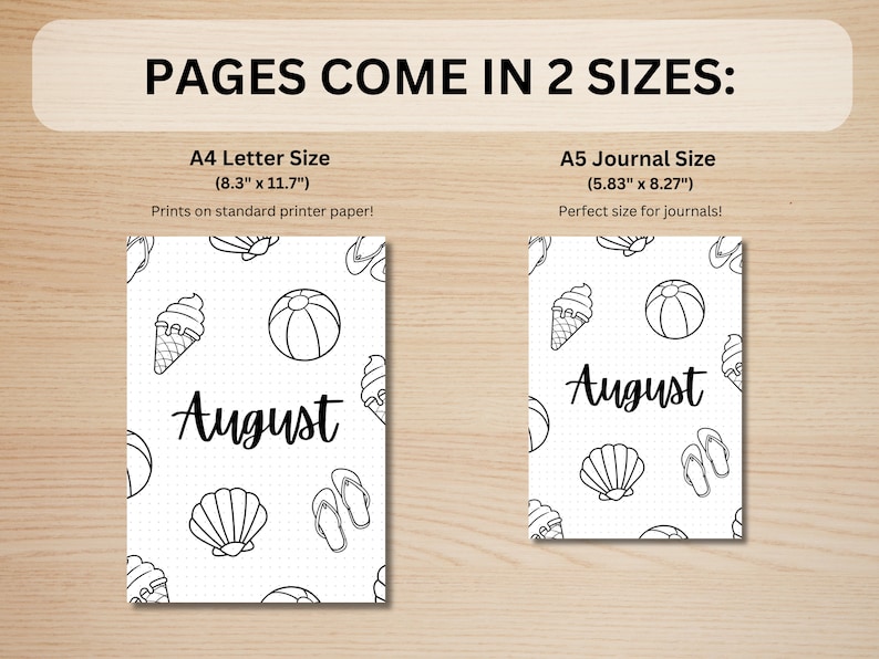 May include: Two printable August calendar pages with a summer theme. The pages feature a black and white illustration of ice cream cones, beach balls, seashells, and flip flops. The pages are available in two sizes: 8.3 inches by 11.7 inches and 5.83 inches by 8.27 inches.