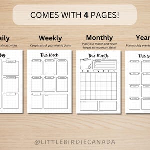 May include: A printable planner with four pages for daily, weekly, monthly, and yearly planning. Each page has a simple black and white design with headings for "Today", "This Week", "This Month", and "This Year".