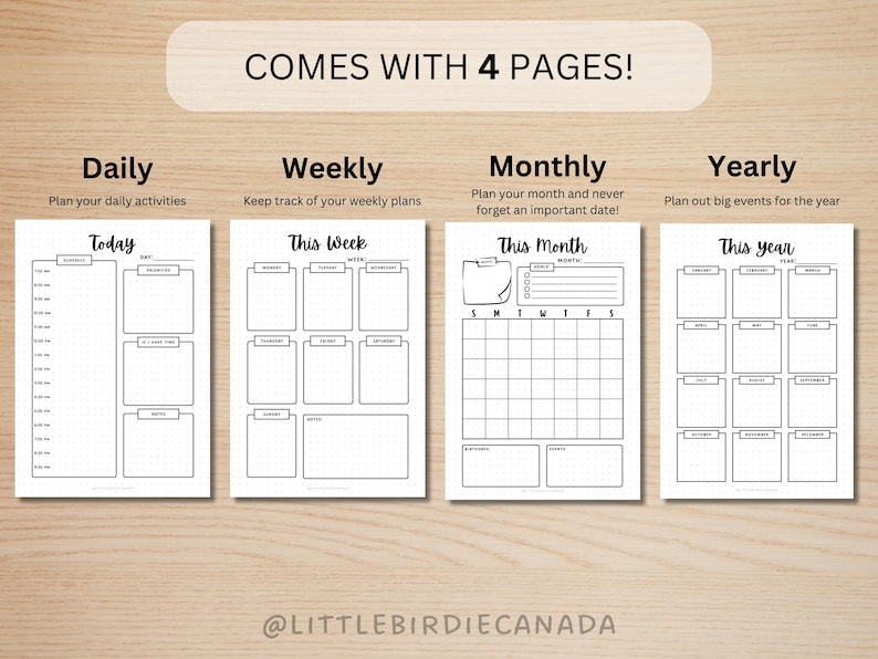 May include: A printable planner with four pages for daily, weekly, monthly, and yearly planning. Each page has a simple black and white design with headings for "Today", "This Week", "This Month", and "This Year".