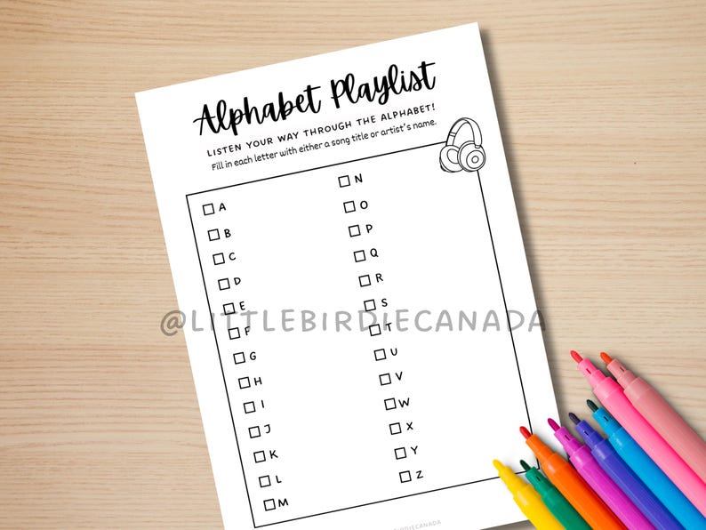 Alphabet Playlist Challenge - PRINTABLE Journal Page - Planner Page ...