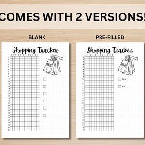 May include: Two versions of a printable shopping tracker. The left side is blank, the right side has a checkbox labeled "Yes" and a checkbox labeled "No". Both sides feature a black and white illustration of a hand holding shopping bags.