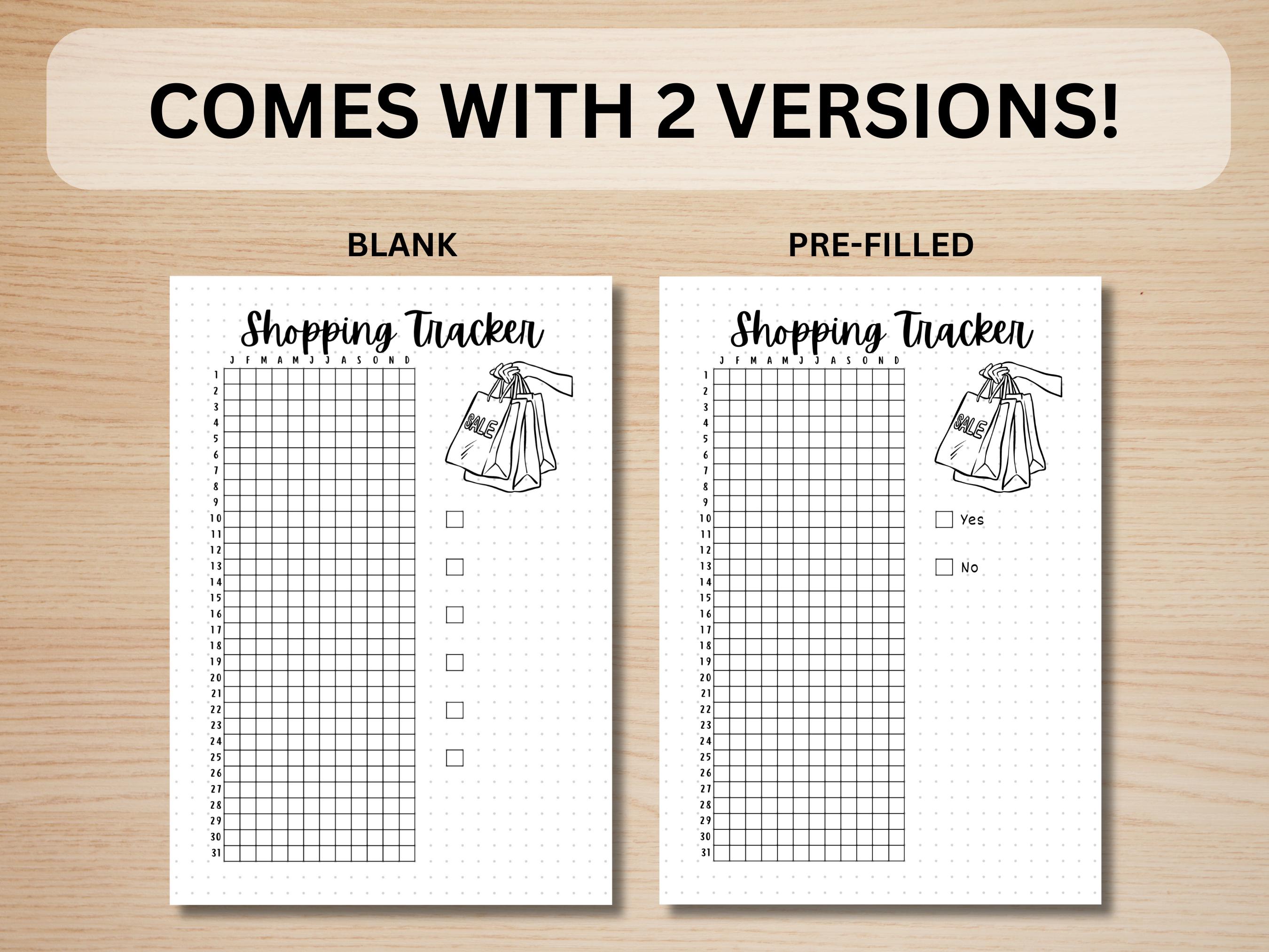 May include: Two versions of a printable shopping tracker. The left side is blank, the right side has a checkbox labeled "Yes" and a checkbox labeled "No". Both sides feature a black and white illustration of a hand holding shopping bags.