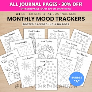 Monthly Mood Trackers Bundle - BUNDLE A - PRINTABLE Journal Pages - Digital Planner Pages - A5 & A4 Size - Value Pack