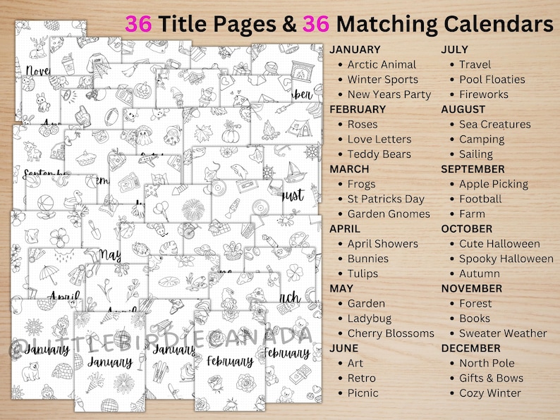 May include: A collection of 36 title pages and 36 matching calendars. The pages are black and white with various themed illustrations. The calendar months are listed with corresponding themes like "Roses" for February and "Cute Halloween" for October.