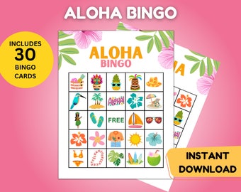May include: Aloha Bingo game with 30 bingo cards. The bingo card features images of pineapples, flowers, sunglasses, surfboards, and other Hawaiian themed items. The card has a free space in the center.