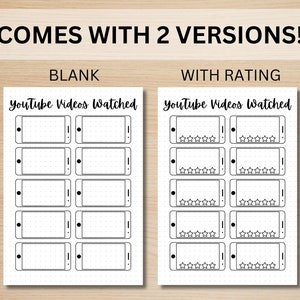 May include: Two printable versions of a YouTube video tracker. The first version is blank, while the second version includes a rating system with five stars.