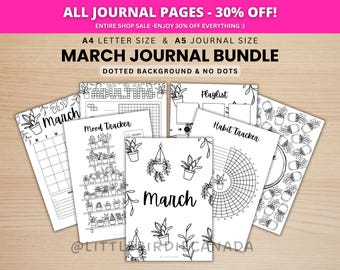 Mars Journal Bundle - Växter - UTSKRIVBARA Journalsidor - SVARTVITT - Marsplanerare - Marsagenda - Utskrivbar Planerare
