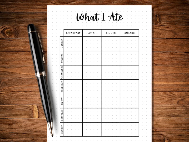 May include: A printable weekly food tracker with a dotted background. The tracker is divided into columns for breakfast, lunch, dinner, and snacks. The days of the week are listed on the left side of the tracker.