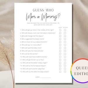 Guess Who Mom or Mommy Queer Baby Shower Game Gay Baby Shower Game Lesbian Baby Shower Game Who Said It Trivia Minimalist Gay Party Game