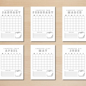 Puede incluir: Seis p&aacute;ginas de calendario imprimibles para enero a junio. Cada p&aacute;gina presenta el nombre del mes en negrita, una cuadr&iacute;cula para entradas diarias y una secci&oacute;n para notas. Las p&aacute;ginas est&aacute;n dise&ntilde;adas para bullet journaling y planificaci&oacute;n.