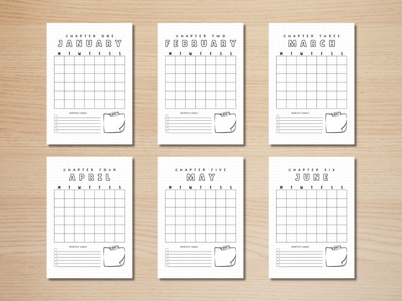 Puede incluir: Seis p&aacute;ginas de calendario imprimibles para enero a junio. Cada p&aacute;gina presenta el nombre del mes en negrita, una cuadr&iacute;cula para entradas diarias y una secci&oacute;n para notas. Las p&aacute;ginas est&aacute;n dise&ntilde;adas para bullet journaling y planificaci&oacute;n.