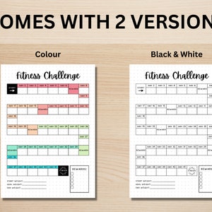 Pu&ograve; includere: Tracker di sfida fitness stampabile con due versioni: a colori e in bianco e nero. Il tracker include una data di inizio, caselle giornaliere e sezioni di ricompensa. Il tracker include anche sezioni per il peso iniziale, il peso obiettivo e il peso finale.