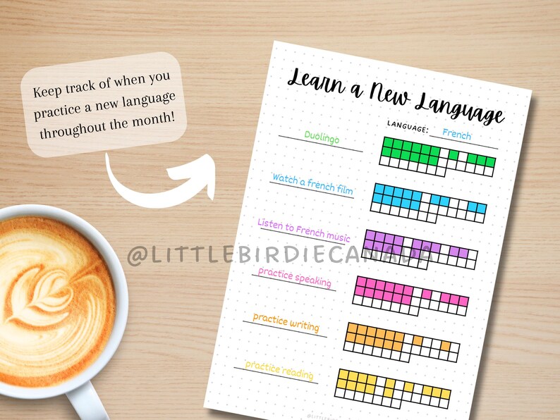 May include: A printable language learning tracker with a grid for each activity. The activities include Duolingo, watching a French film, listening to French music, practicing speaking, writing, and reading. The tracker is labeled "Learn a New Language" and "Language: French".