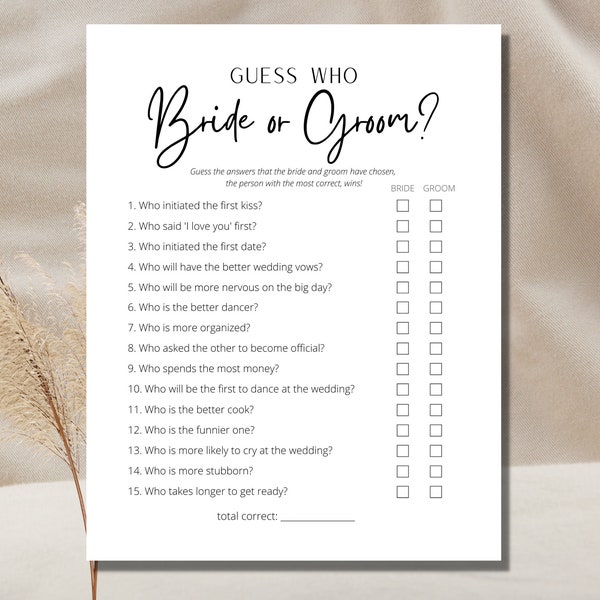 Guess Who Bride Groom Game Minimalist Bridal Shower Game Bride or Groom Printable Game Who Knows The Couple Best Game Engagement Party Game