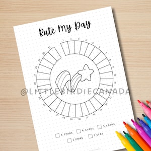 K&ouml;nnte beinhalten: Ein schwarz-wei&szlig; druckbarer t&auml;glicher Stimmungstracker mit dem Text "Rate my Day". Das Design umfasst ein kreisf&ouml;rmiges Diagramm mit Zahlen und einen Stern mit einem Regenbogenpfad. Farbige Marker sind sichtbar.