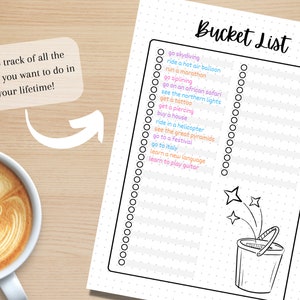 May include: A printable bucket list with a black and white illustration of a bucket with stars coming out of it. The list includes activities such as skydiving, riding a hot air balloon, running a marathon, and learning to play guitar.