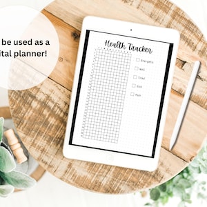 May include: A black and white digital health tracker on a tablet. The tracker has a grid for marking off days and a list of feelings: Energetic, Well, Tired, Sick, Pain.