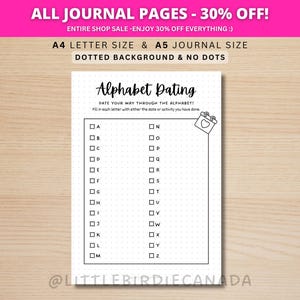 Datinguitdaging alfabet - AFDRUKBARE dagboekpagina - datingspel - datumideeën - plannerpagina - leuk dagboekspel - datumactiviteiten