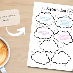 May include: A Dream Log journal with cloud-shaped entry spaces, stars, and the text "Dream Log." The journal includes example dream entries. A coffee cup with latte art is in the image.