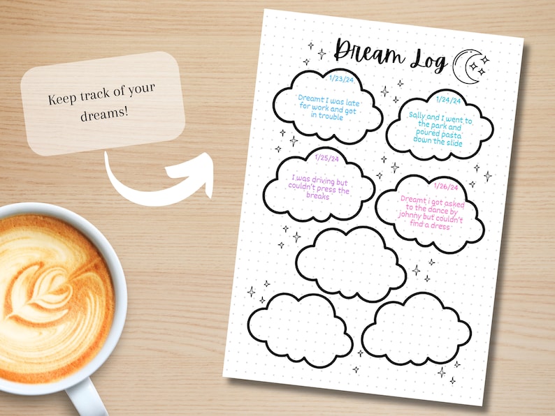 May include: A Dream Log journal with cloud-shaped entry spaces, stars, and the text "Dream Log." The journal includes example dream entries. A coffee cup with latte art is in the image.