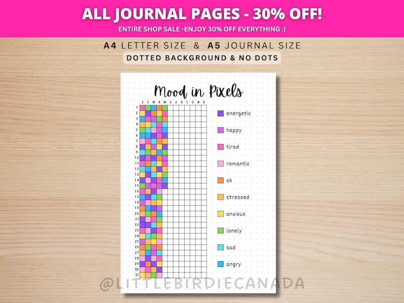 Mood in Pixels - PRINTABLE Journal Page - Planner Page - Daily Feelings Tracker - Daily Mood Tracker - Monthly Tracker - Daily Rating image 1