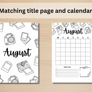 May include: Black and white printable planner page with a title page and calendar for the month of August. The title page features a repeating pattern of cameras and photo frames. The calendar page has a grid for each day of the month, a section for monthly goals, and a notes section.