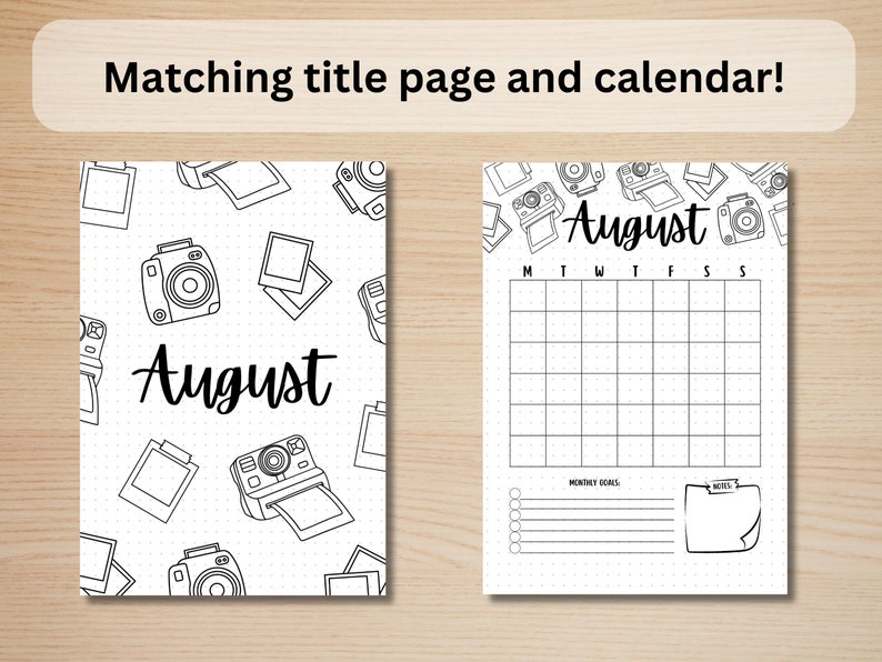 May include: Black and white printable planner page with a title page and calendar for the month of August. The title page features a repeating pattern of cameras and photo frames. The calendar page has a grid for each day of the month, a section for monthly goals, and a notes section.