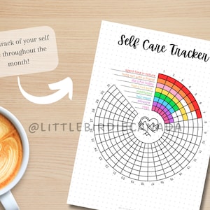 K&ouml;nnte beinhalten: Ein druckbarer Selbstpflege-Tracker mit einem Regenbogen-Design. Der Tracker ist ein Kreis, der in 31 Abschnitte unterteilt ist, die jeweils mit einer Zahl von 1 bis 31 versehen sind. Die Abschnitte sind weiter in kleinere Abschnitte unterteilt, die jeweils eine andere Selbstpflege-Aktivit&auml;t darstellen, wie z. B. "Zeit in der Natur verbringen", "mit einem Freund ausgehen", "ein lustiges Hobby aus&uuml;ben", "ein hei&szlig;es Bad nehmen", "meditieren", "Haarmaske", "Hautpflege" und "Yoga".