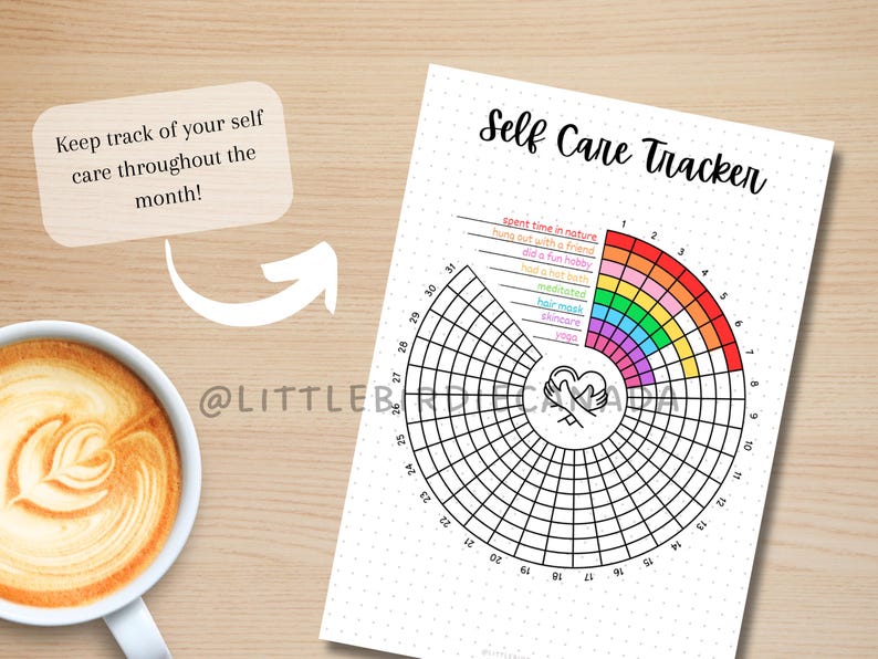 K&ouml;nnte beinhalten: Ein druckbarer Selbstpflege-Tracker mit einem Regenbogen-Design. Der Tracker ist ein Kreis, der in 31 Abschnitte unterteilt ist, die jeweils mit einer Zahl von 1 bis 31 versehen sind. Die Abschnitte sind weiter in kleinere Abschnitte unterteilt, die jeweils eine andere Selbstpflege-Aktivit&auml;t darstellen, wie z. B. "Zeit in der Natur verbringen", "mit einem Freund ausgehen", "ein lustiges Hobby aus&uuml;ben", "ein hei&szlig;es Bad nehmen", "meditieren", "Haarmaske", "Hautpflege" und "Yoga".