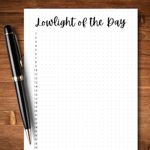May include: A white sheet of paper with a dotted pattern and the text "Lowlight of the Day" at the top. The paper is numbered from 1 to 29.